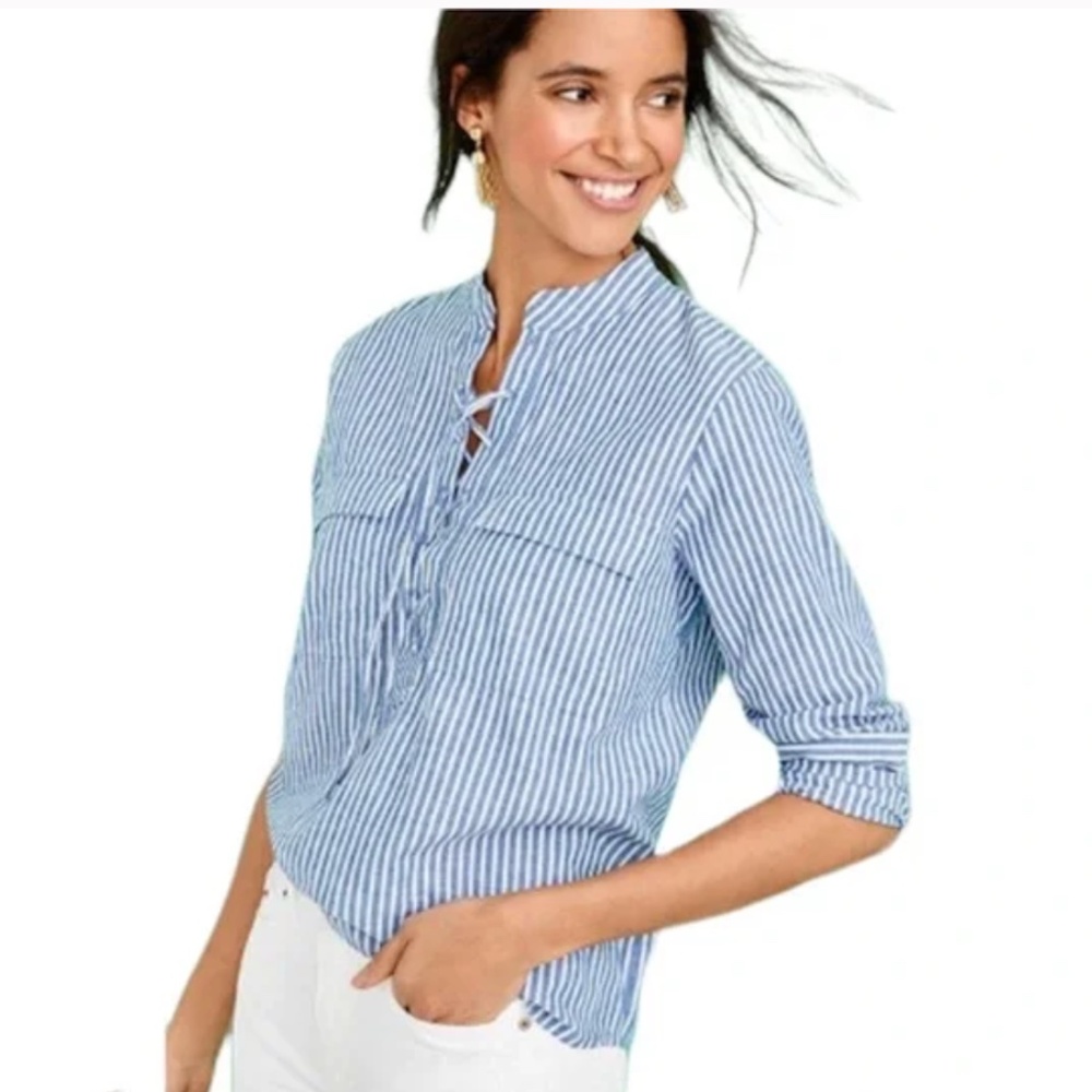 J. Crew Factory Striped Nautical Linen Blend Lace Up Top